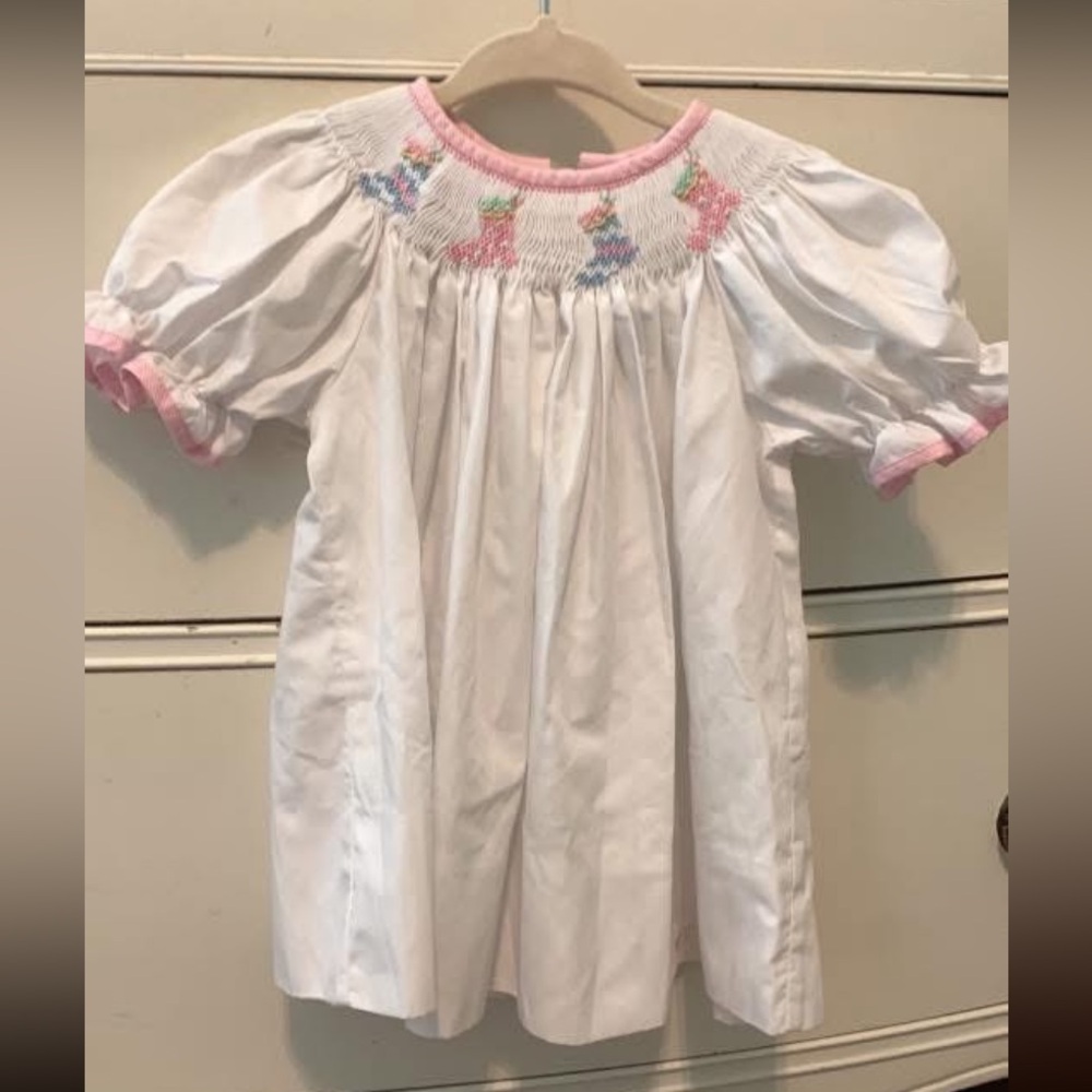 Petit Bebe White and Pink Smocked Christmas Dress Size 3 months